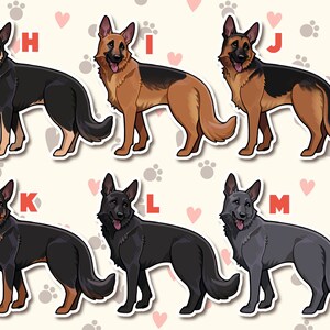 May include: Six different German Shepherd dog stickers with letters H, I, J, K, L, and M. The dogs are in various colors, including black, brown, and gray.