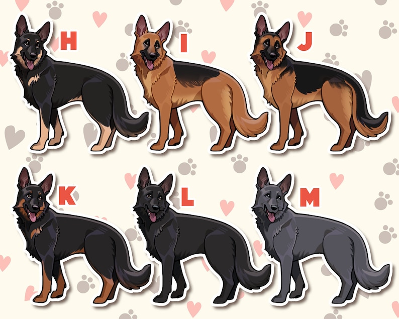 May include: Six different German Shepherd dog stickers with letters H, I, J, K, L, and M. The dogs are in various colors, including black, brown, and gray.
