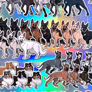 May include: A collection of colorful dog breed stickers featuring various breeds, including German Shepherds, Border Collies, and a Dalmatian. The stickers are printed on a shiny, iridescent background.