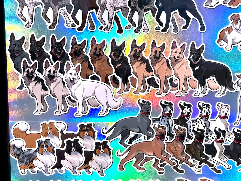 May include: A collection of colorful dog breed stickers featuring various breeds, including German Shepherds, Border Collies, and a Dalmatian. The stickers are printed on a shiny, iridescent background.