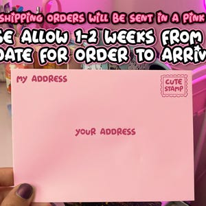 Op de afbeelding: Een roze envelop met de tekst "ALL FREE SHIPPING ORDERS WILL BE SENT IN A PINK ENVELOPE PLEASE ALLOW 1-2 WEEKS FROM SHIP DATE FOR ORDER TO ARRIVE" en de woorden "MY ADDRESS" en "YOUR ADDRESS" gedrukt op de voorkant.