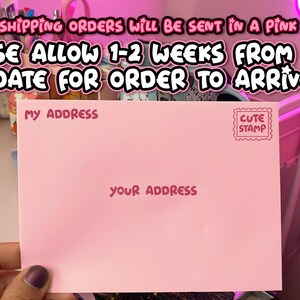 May include: Pink envelope with the text "ALL FREE SHIPPING ORDERS WILL BE SENT IN A PINK ENVELOPE PLEASE ALLOW 1-2 WEEKS FROM SHIP DATE FOR ORDER TO ARRIVE" and the words "MY ADDRESS" and "YOUR ADDRESS" printed on the front.