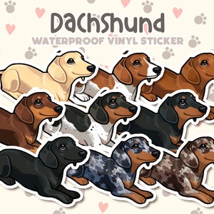 May include: A set of nine dachshund dog stickers in various colors and patterns. The stickers are waterproof and made of vinyl. The text "Dachshund Waterproof Vinyl Sticker" is at the top of the image.