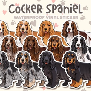 Puede incluir: Un conjunto de diez pegatinas de vinilo impermeables con diferentes colores de cocker spaniel. Las pegatinas son todas de estilo de dibujos animados y tienen un contorno blanco. El texto "Cocker Spaniel Waterproof Vinyl Sticker" est&aacute; en la parte superior de la imagen.