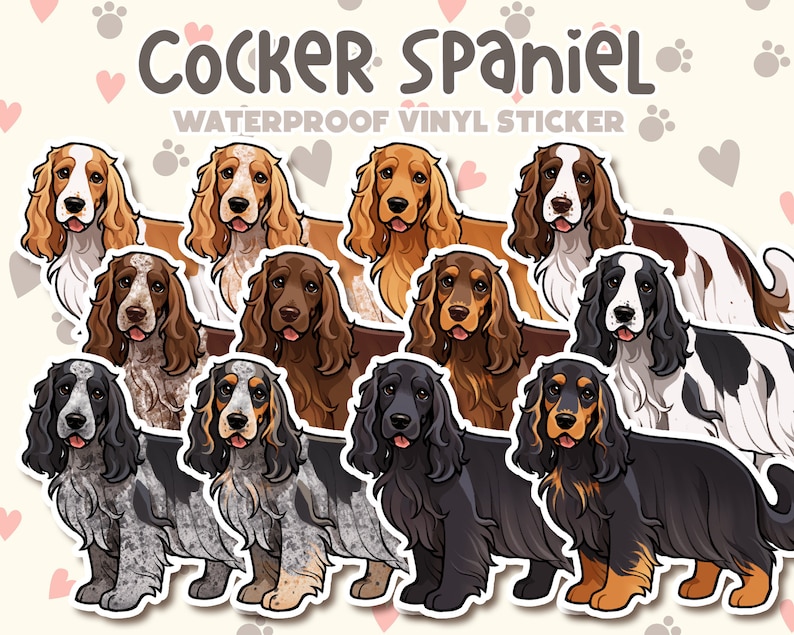 Puede incluir: Un conjunto de diez pegatinas de vinilo impermeables con diferentes colores de cocker spaniel. Las pegatinas son todas de estilo de dibujos animados y tienen un contorno blanco. El texto "Cocker Spaniel Waterproof Vinyl Sticker" est&aacute; en la parte superior de la imagen.