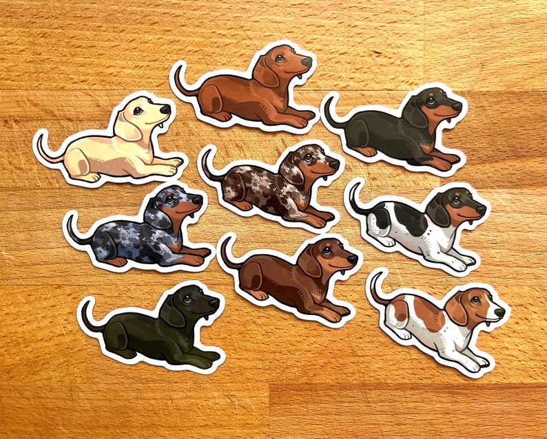 May include: Eight dachshund dog stickers with different colored fur and patterns. The stickers are on a wooden surface.