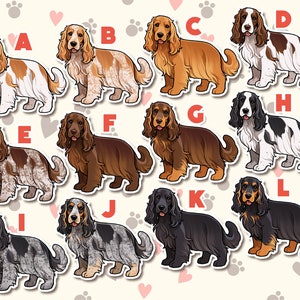 Puede incluir: Doce im&aacute;genes ilustradas de perros Cocker Spaniel en varios colores y patrones. Cada perro est&aacute; etiquetado con una letra de la A a la L.