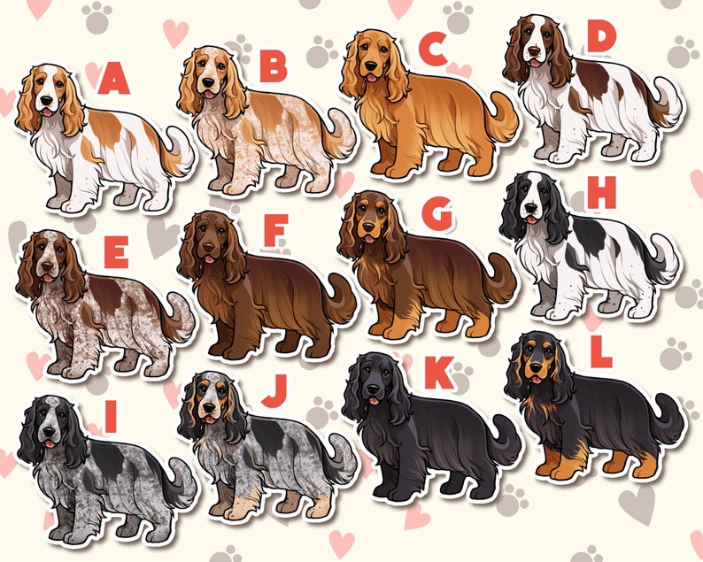 Puede incluir: Doce im&aacute;genes ilustradas de perros Cocker Spaniel en varios colores y patrones. Cada perro est&aacute; etiquetado con una letra de la A a la L.