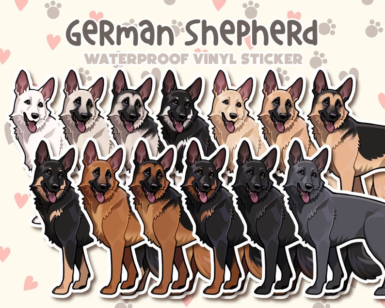May include: A set of 10 German Shepherd dog stickers in various colors, including black, white, brown, and tan. The stickers are waterproof and made of vinyl. The text "German Shepherd" and "Waterproof Vinyl Sticker" is printed at the top of the image.