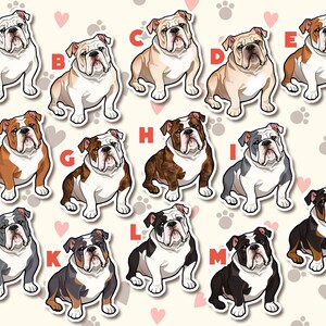 May include: A collection of 12 illustrated bulldog stickers with different color variations. The stickers are labeled with letters A through N.