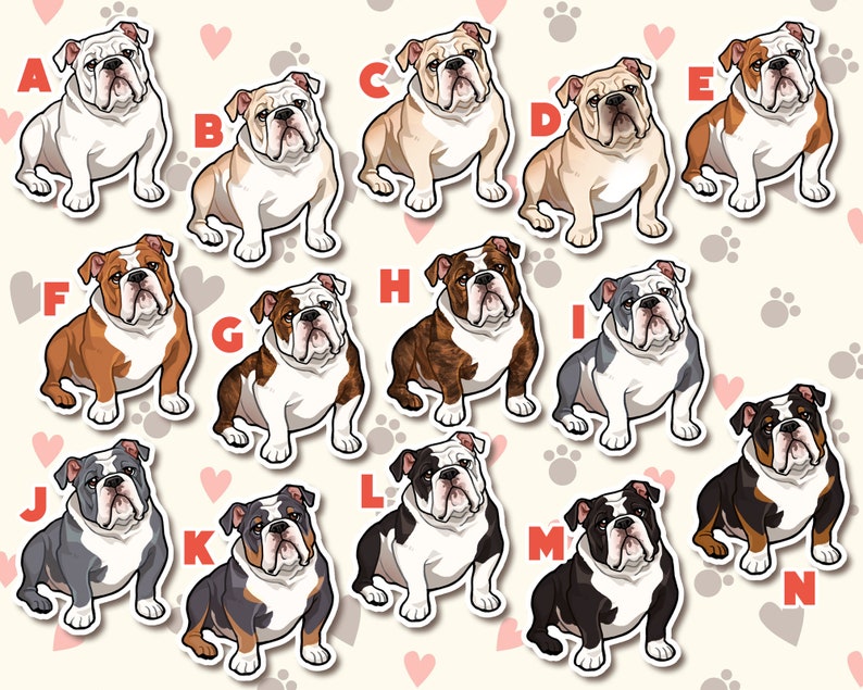 May include: A collection of 12 illustrated bulldog stickers with different color variations. The stickers are labeled with letters A through N.