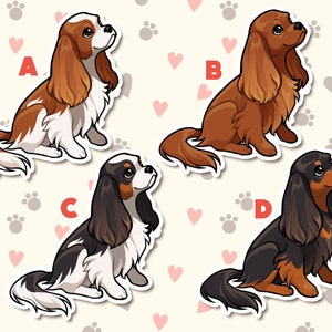 May include: Four different sticker designs of Cavalier King Charles Spaniels in various colors. The stickers are on a white background with a pattern of pink hearts and gray paw prints.