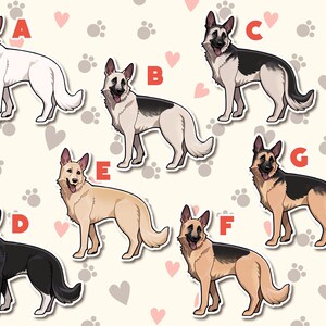 May include: A set of seven illustrated German Shepherd dog stickers. The stickers are in various colors, including black, white, brown, and tan. Each sticker has a letter label from A to G.