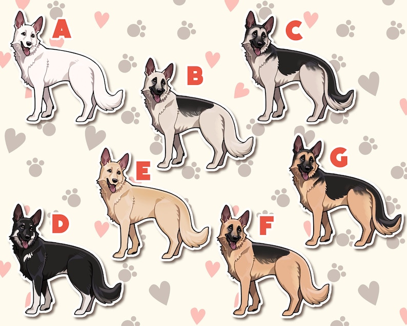 May include: A set of seven illustrated German Shepherd dog stickers. The stickers are in various colors, including black, white, brown, and tan. Each sticker has a letter label from A to G.