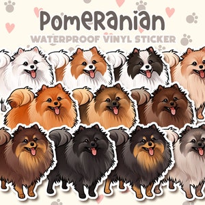 May include: Set of ten waterproof vinyl stickers featuring different colored Pomeranian dogs. The stickers are all in a cartoon style and have a white outline.