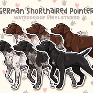 May include: Four German Shorthaired Pointer dog breed stickers. The stickers are waterproof vinyl and feature different colored dogs with brown, black, and white markings. The text "German Shorthaired Pointer" and "Waterproof Vinyl Sticker" is at the top of the image.