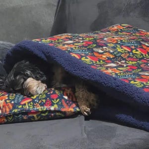 Cama cueva personalizada para perros – NUEVO DISEÑO (ver imágenes) Capullo acurrucable con animales del bosque azul marino