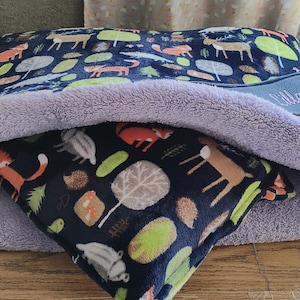 Snuggle Wrap Cave Dog Bed Navy Forest Animals Design  - Luxury Dog Bed Personalised, Washable, Calming Snuggle Cocoon