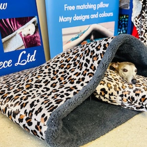 3 in 1 Dog Bed ( Settle Mat, Cave & Donut) Classic Leopard  - Snuggle Sack Wrap Cave Dog Beds - Anti-Anxiety, Free Pillow  Made in the UK