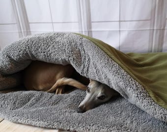 Olive Green Jumbo Fleece Cord Dog Cave Bed - 3-in-1 Snuggle Sack, Anti-Anxiety Pet Den