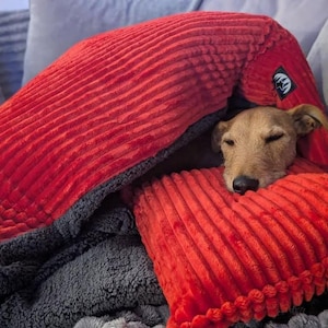 Red Fleece Snuggle Sack Dog Bed – Anti-Anxiety Pet Cave, Free Pillow