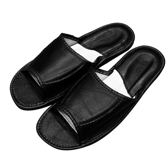 Black Men Slippers Open Toes Hand Made With Natural Leather Etsy UK