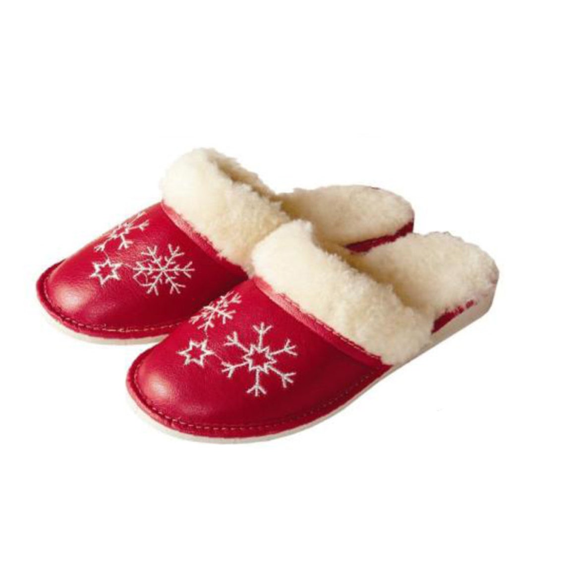 Red Snowflakes Leather Ladies Slippers Hand Made With Natural Material ...