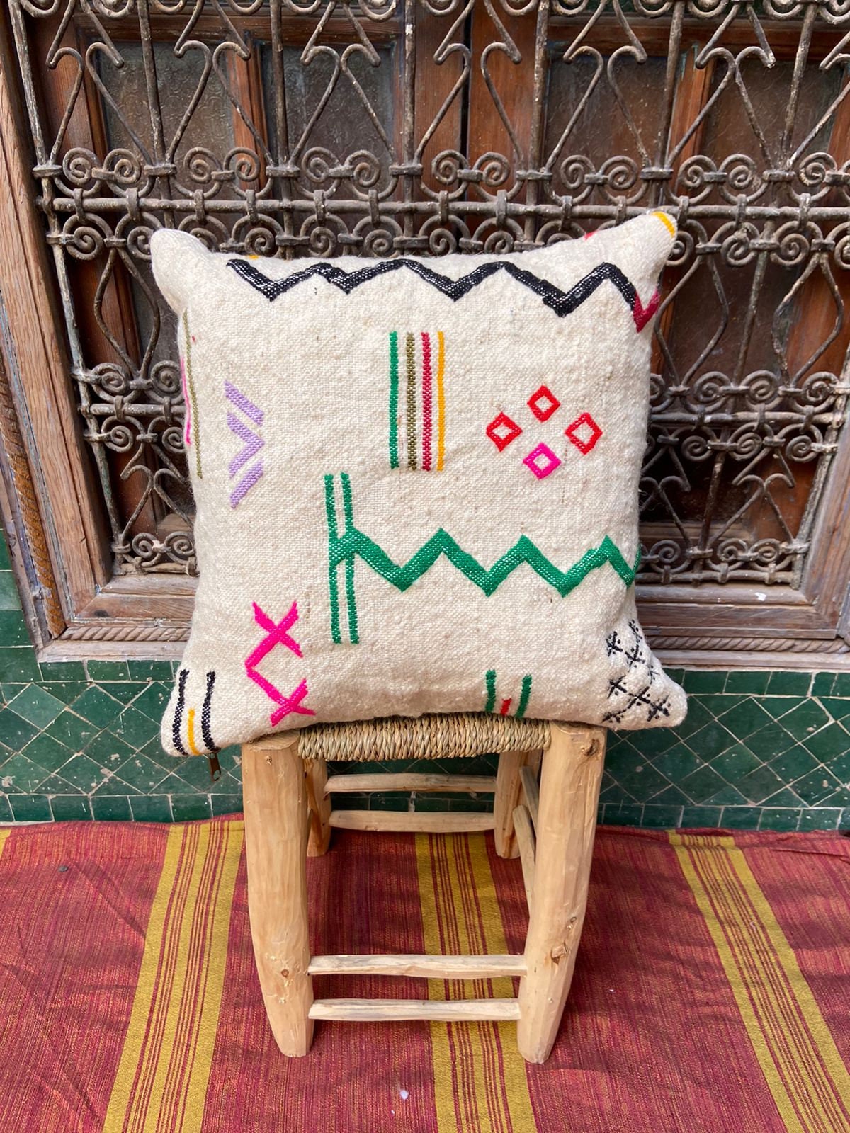 Vintage Pillow Cover, Moroccan Cushion, Wool Decorative Kilim Handwoven Case By Berber Women. Free S