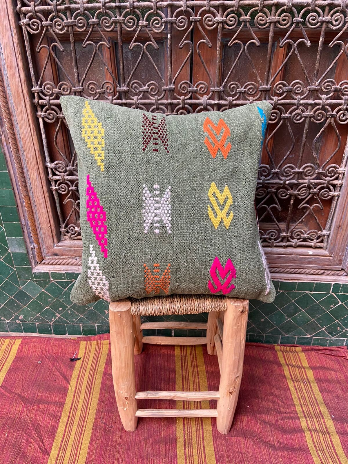 Vintage Pillow Cover, Moroccan Cushion, Wool Decorative Kilim Handwoven Case By Berber Women. Free S