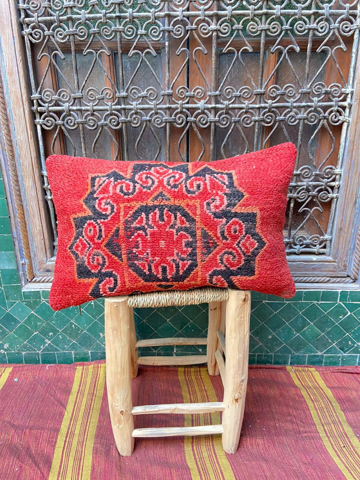 Vintage Pillow Cover, Moroccan Cushion, Wool Decorative Kilim Handwoven Case By Berber Women Yakobi