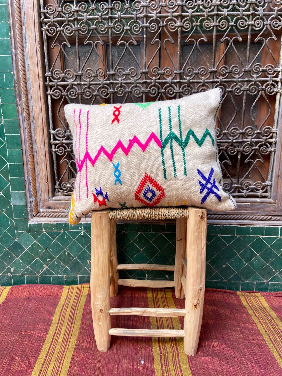 Vintage Pillow Cover, Moroccan Cushion, Wool Decorative Kilim Handwoven Case By Berber Women. Free S