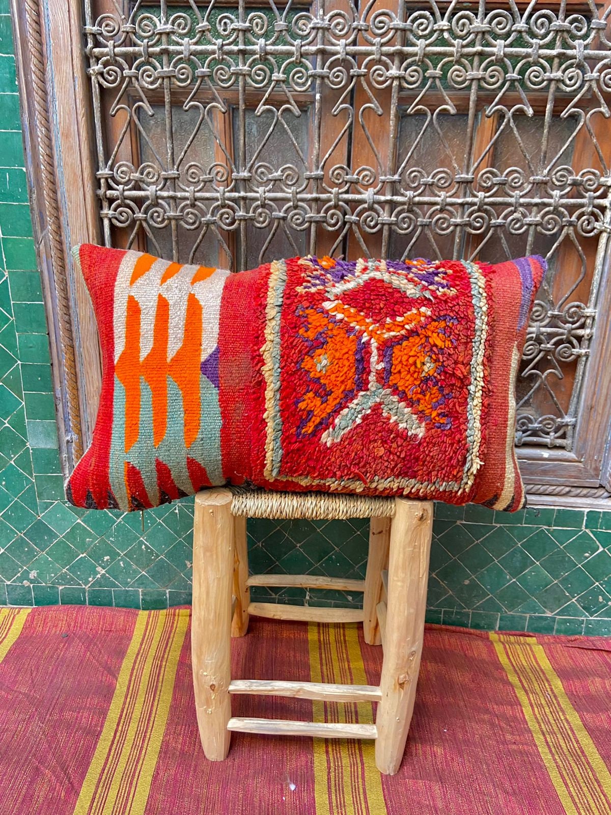 Vintage Pillow Cover, Moroccan Cushion, Wool Decorative Kilim Handwoven Case By Berber Women. Free S