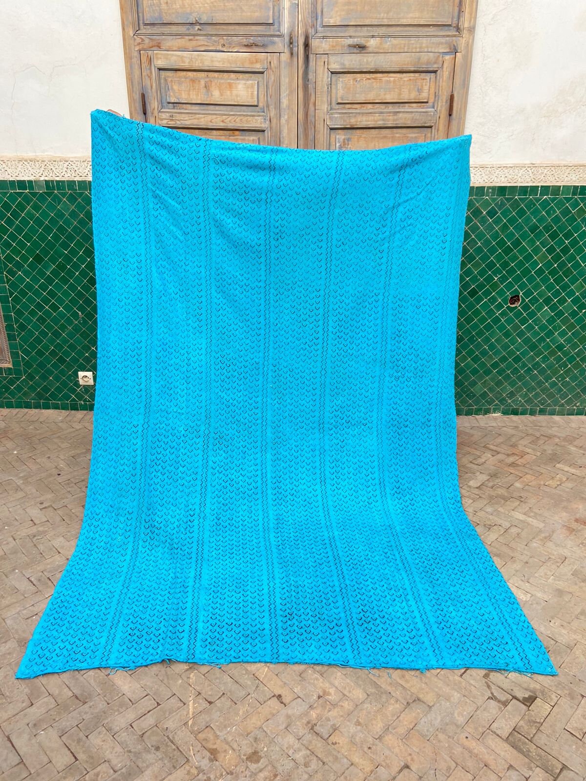 Vintage Large Rug Blanket - Blue Handwoven Wool Love Spot Look & Feel Handmade Moroccan Colorful Fre