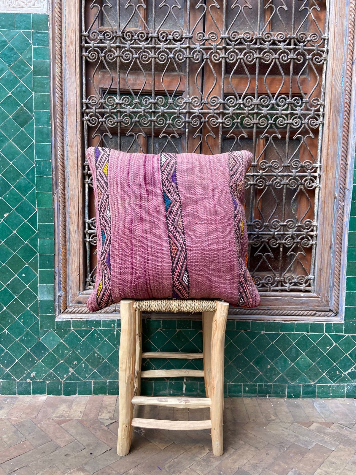 Vintage Pillow Cover, Moroccan Cushion, Wool Decorative Kilim Handwoven Case By Berber Women. Free S