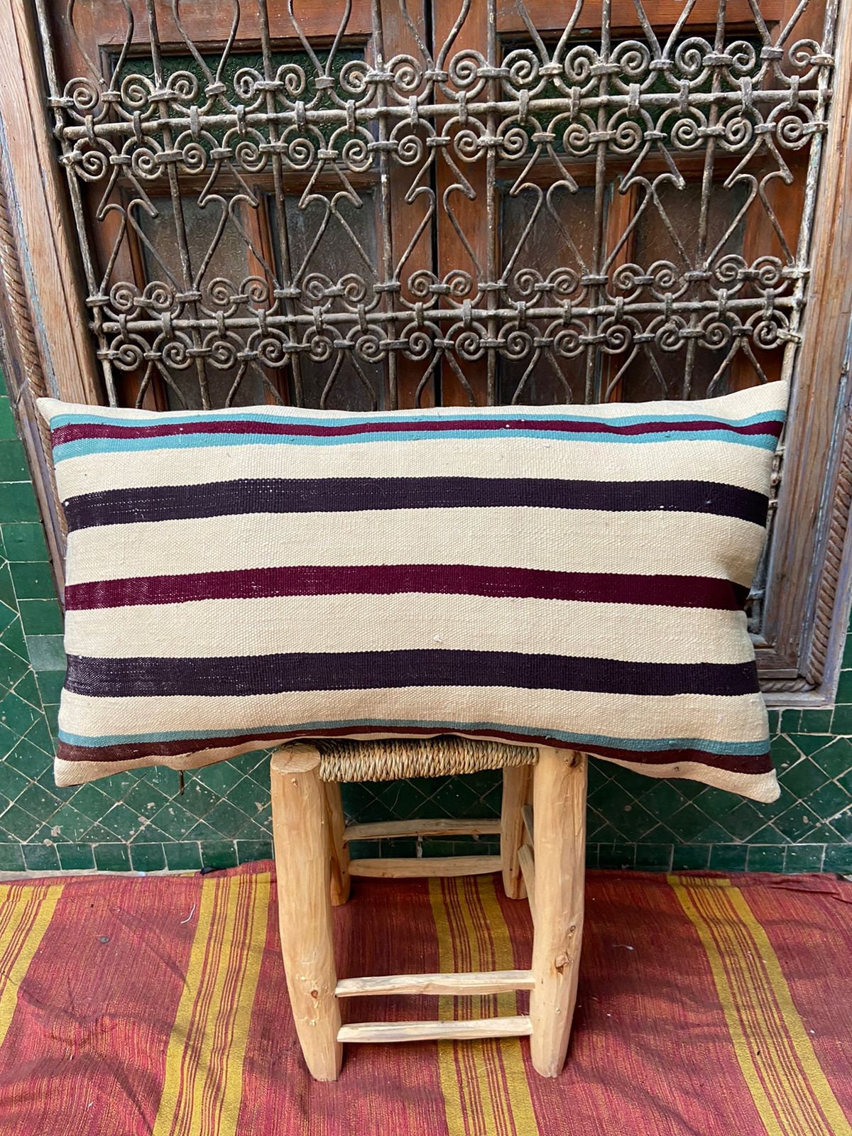 Vintage Pillow Cover, Moroccan Cushion, Wool Decorative Kilim Handwoven Case By Berber Women. Free S