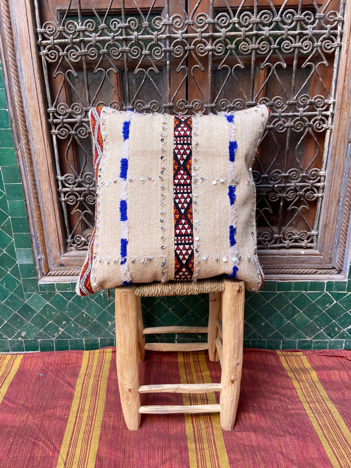 Vintage Pillow Cover, Moroccan Cushion, Wool Decorative Kilim Handwoven Case By Berber Women. Free S