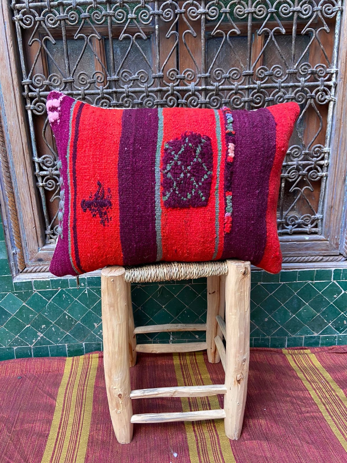 Vintage Pillow Cover, Moroccan Cushion, Wool Decorative Kilim Handwoven Case By Berber Women. Free S