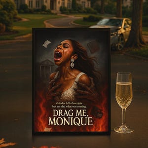 May include: A framed artwork titled "DRAG ME, MONIQUE" depicts a woman screaming, with the text "a binder full of receipts... but no idea what was coming." A champagne flute with bubbly liquid sits beside the frame. A large house is in the background.
