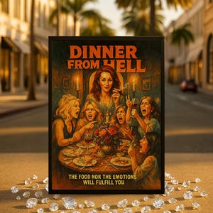 May include: A framed artwork titled "Dinner From Hell" depicts a dinner party with distressed women. The artwork has an orange and brown color scheme. The text "THE FOOD NOR THE EMOTIONS WILL FULFILL YOU" is at the bottom. Diamonds are scattered around the frame.