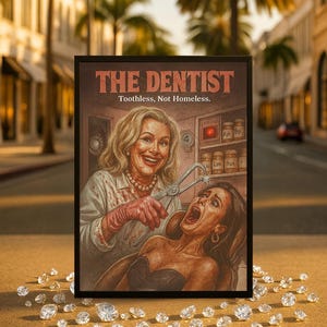Può includere: Una stampa incorniciata intitolata "THE DENTIST" con il tagline "Toothless, Not Homeless". L'opera raffigura un dentista con guanti insanguinati che estrae un dente da un paziente che urla. I diamanti sono sparsi di fronte alla cornice.