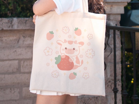 Strawberry Cow Kawaii Strawberry Kawaii Tote Bag Kawaii Bag Floral