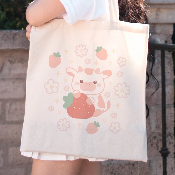 Strawberry cow kawaii strawberry kawaii tote bag kawaii bag floral tote floral tote bag flower tote bag cute tote trendy tote bag aesthetic