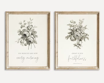 His Mercies Bible Verse Scripture Wall Art, Christian Printable, Set of Two, Vintage,Gallery, Modern Floral, Digital Poster, Lamentations