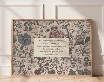Bless You and Keep You Christian Wall Art Print, Floral Scripture Prints, Vintage Bible Verse, Horizontal,