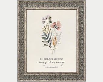 His Mercies Printable Bible Verse Wall Art, Christian Scripture, Floral Prints, Artwork, Decor, Vintage, Digital Download