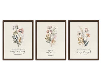 Floral Scripture Printable Set of 3, Christian Wall Art, Three Vintage Prints, Flowers Gallery, Poster, His Mercies Print, Digital Download