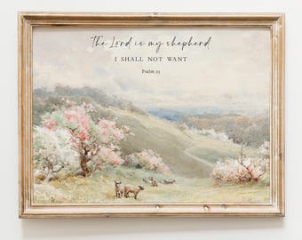 Psalm 23 Vintage Christian Scripture Art Print, Religious Home Decor, Sheep and Shepherd, Psalm Poster, Vintage, Framed, Canvas