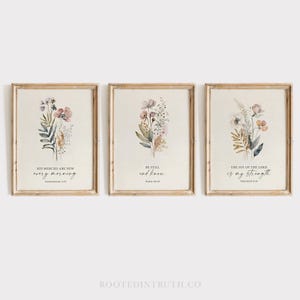 Floral Scripture Printable Set of 3, Christian Wall Art, Three Vintage Prints, Flowers Gallery, Poster, His Mercies Print, Digital Download