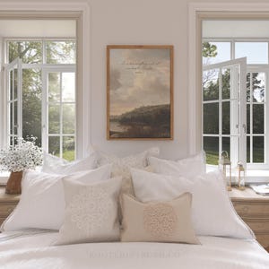 A Christian vintage wall art print with scripture in a bedroom with a farmhouse, cottage decor