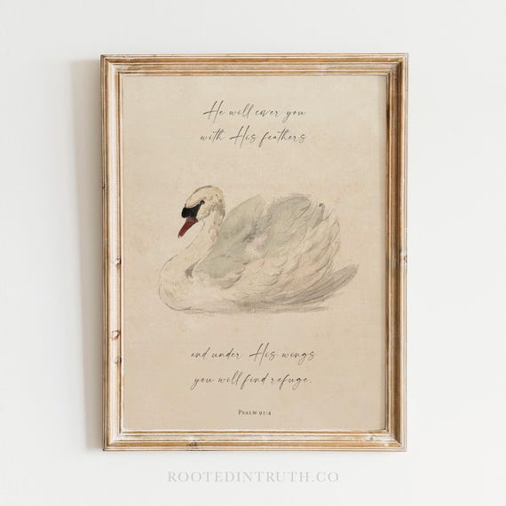 Psalm 91 Printable Christian Wall Art Print, Bible Verse Artwork, Christian Nursery, Girls, Vintage Swan Prints, Jesus, Under His Wings
